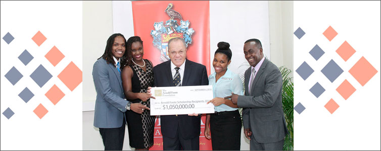 From left: Arnold Foote Foundation scholarship recipients Yohan Lee and Odile Blake; the Honourable Arnold Foote, OJ, CD, JP; scholarship recipient Kevoy Jackson, and Professor Hopeton Dunn, director of the Caribbean Institute of Media and Communication (CARIMAC); at the recent presentation ceremony, held at CARIMAC, UWI, Mona.-Contributed